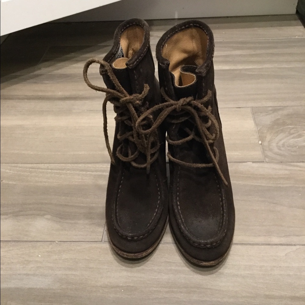 FRYE BROWN LEATHER SUEDE LEATHER CHUNKY HEEL BOOTS sz 7, NEW - Picture 3 of 10